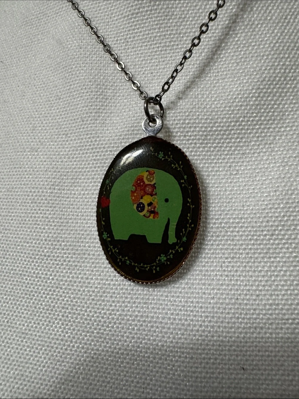 Oval Green Elephant Pendant Necklace